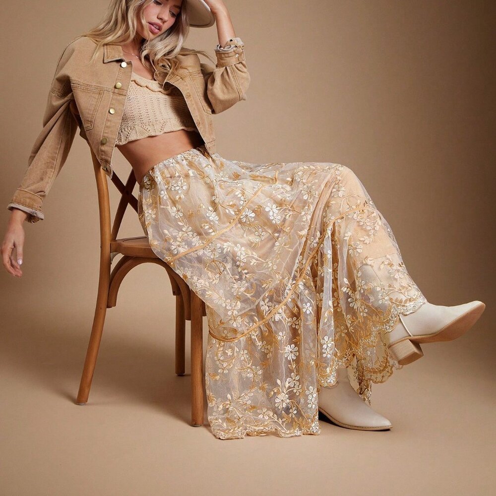 White Boho Women's Embroidered Floral Mesh Drawstring Tiered Flowy Maxi Skirt